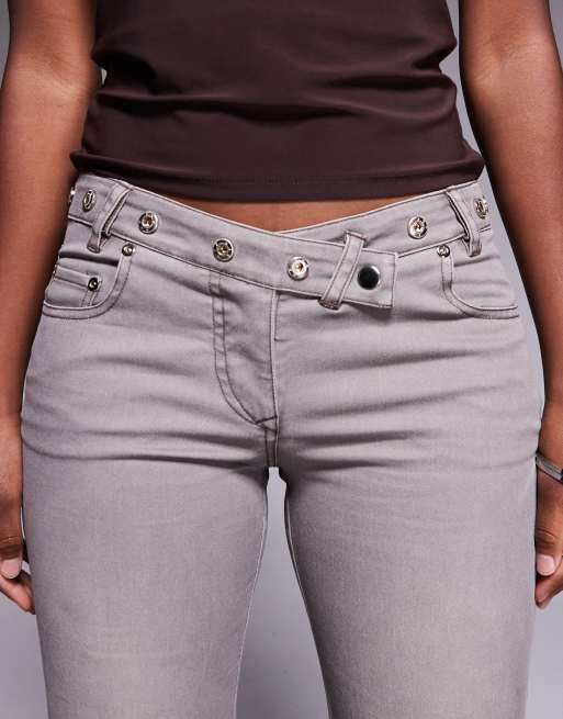 I.AM.GIA Greer low rise cross front stud detail waistband wide leg jeans in gray