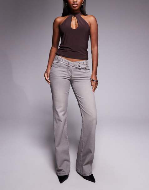 I.AM.GIA Greer low rise cross front stud detail waistband slim kick flare jeans in grey