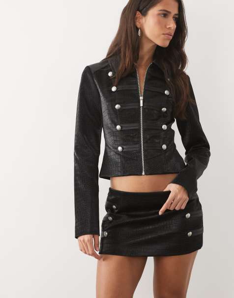 I.AM.GIA Idalia faux leather Napoleon button detail military jacket co-ord in black croc - view 1