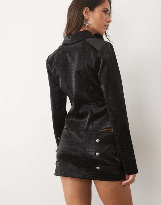 i am gia leather dress I.AM.GIA Idalia faux Napoleon button detail mini skirt set in black croc MerchCategory1:PF25 RTW