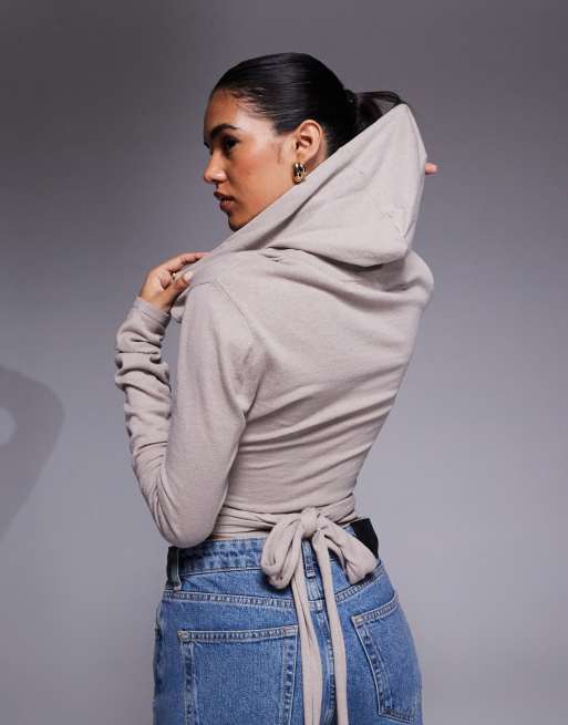 I.AM.GIA Irina knitted plunge neck hooded wrap top in beige, 2 of 4
