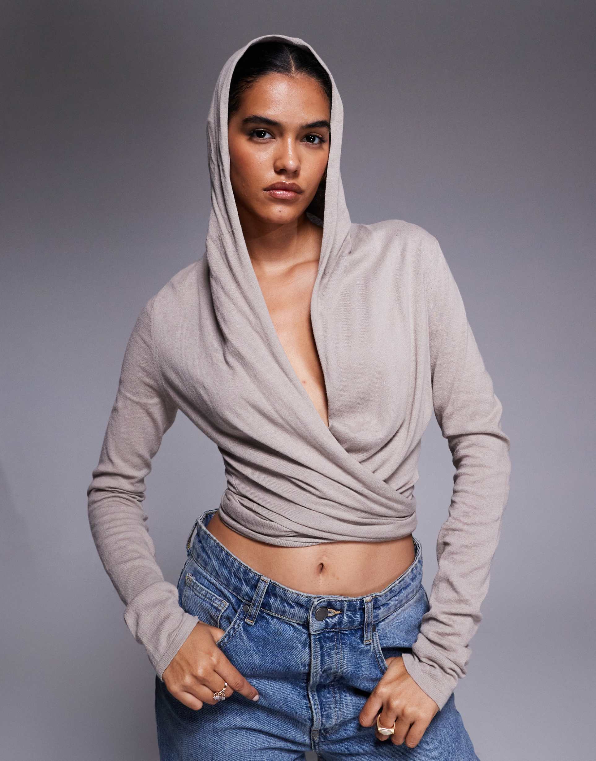 i.am.gia irina plunge cowl knit hooded wrap top in beige