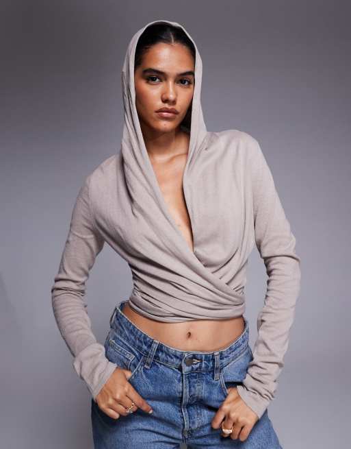 I.AM.GIA Irina plunge cowl knit hooded wrap top in beige