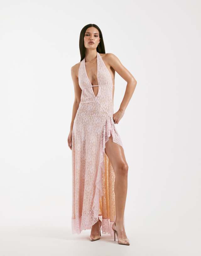 iamgia backless dress I.AM.GIA Irisia lace plunge halterneck thigh slit maxi in pink Partially lined Built Side Slit Prom Dress Petal and Pup Women's Color:Neon Coral