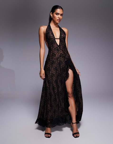 I.AM.GIA Irisia lace plunge halterneck backless thigh split maxi dress in black - view 1