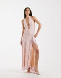 [I.AM.GIA] I.AM.GIA Irisia lace plunge halterneck backless thigh split maxi dress in pink 2XS Baby pink