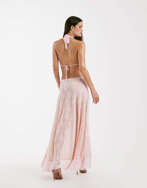 I.AM.GIA Irisia lace plunge halterneck backless thigh split maxi dress in pink