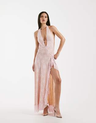 I. AM. GIA - Irisia - Rückenfreies Neckholder-Maxikleid aus rosa Spitze mit hohem Schlitz und tiefem Ausschnitt