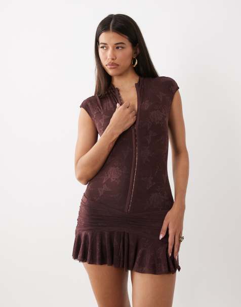 I.AM.GIA Isela lace hook and eye front cap sleeve drop waist mini dress in chocolate - view 1