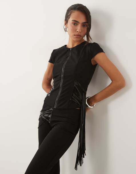 I.AM.GIA - Iselda - Crop top zippé effet sculptant en tulle et similicuir à franges - Noir - view 1