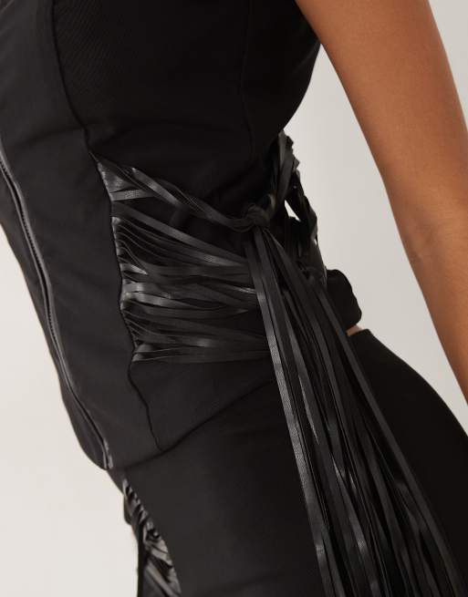 I.AM.GIA - Iselda - Crop top zippé effet sculptant en tulle et similicuir à franges - Noir, 2 de 4