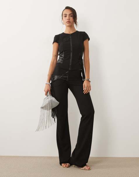 I.AM.GIA - Iselda - Ensemble crop top et pantalon en tulle et similicuir sculptant à franges et fermeture éclair - Noir - view 1