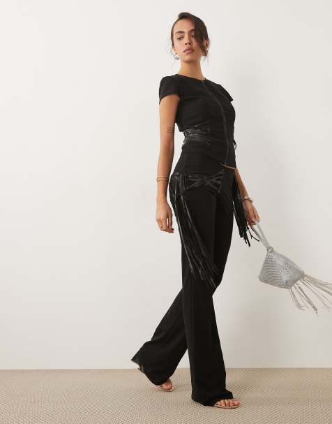 I.AM.GIA - Iselda - Pantalon d'ensemble effet sculptant en tulle et similicuir avec franges - Noir - view 1