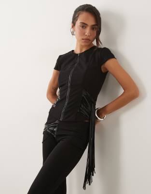 I.am.gia Iselda Sculpting Mesh Faux Leather Fringe Detail Zip Through Crop Top Co-ord In Black