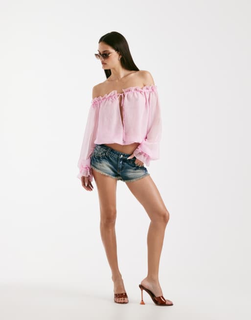 I.AM.GIA - Jazmin - Blusa rosa confetto in chiffon georgette con scollo alla Bardot profondo e dettaglio allacciato