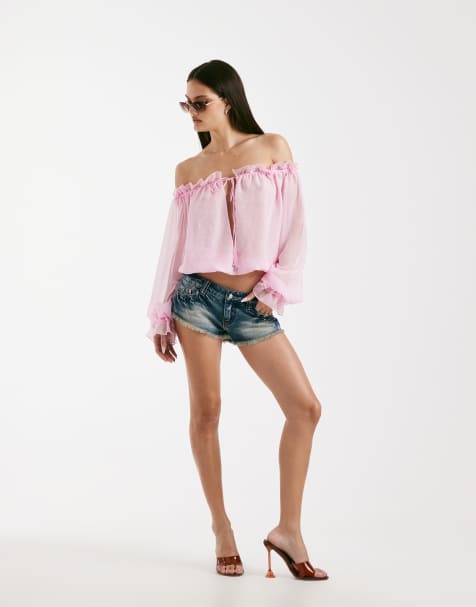 I.AM.GIA Jazmin georgette chiffon bardot plunge tie detail blouse in baby pink - view 1