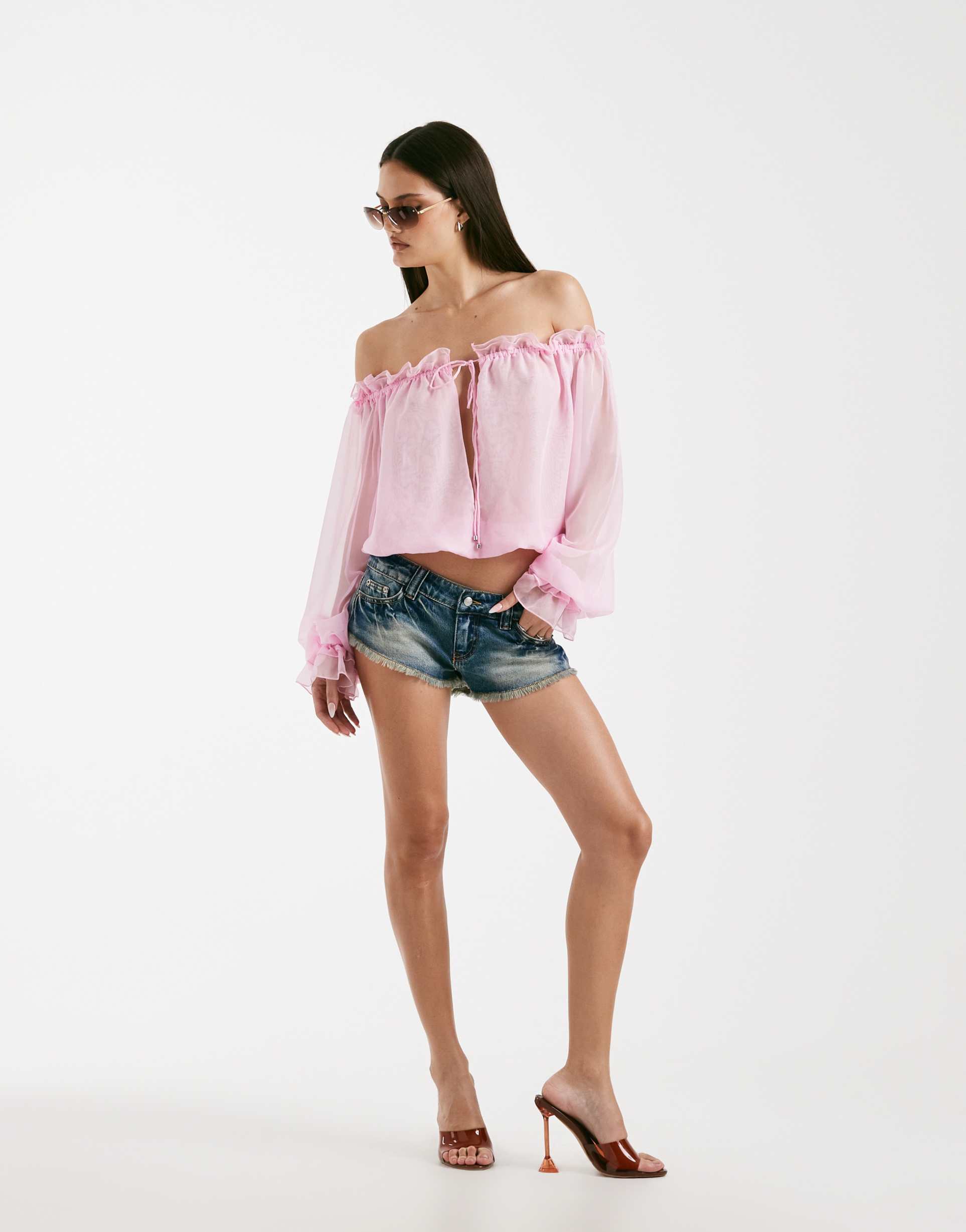 i.am.gia jazmin georgette chiffon bardot plunge tie detail blouse in baby pink