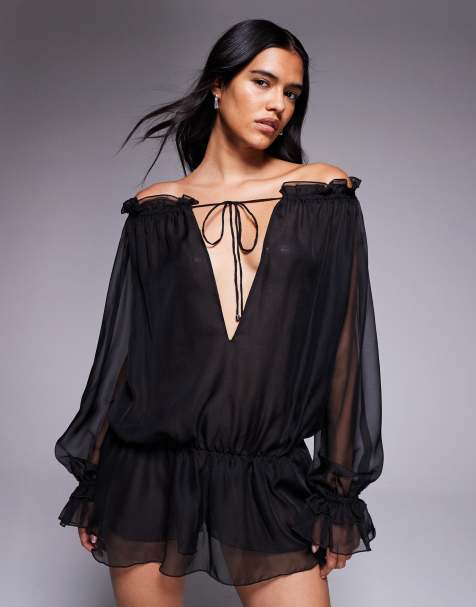 I.AM.GIA Jazmin georgette chiffon bardot plunge tie detail dropped waist playsuit in black - view 1