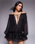 [I.AM.GIA] I.AM.GIA Jazmin Georgette chiffon bardot plunge tie detail dropped waist playsuit in black 2XS BLACK