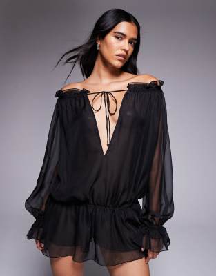 I.am.gia Jazmin Georgette Chiffon Bardot Plunge Tie Detail Dropped Waist Romper In Black