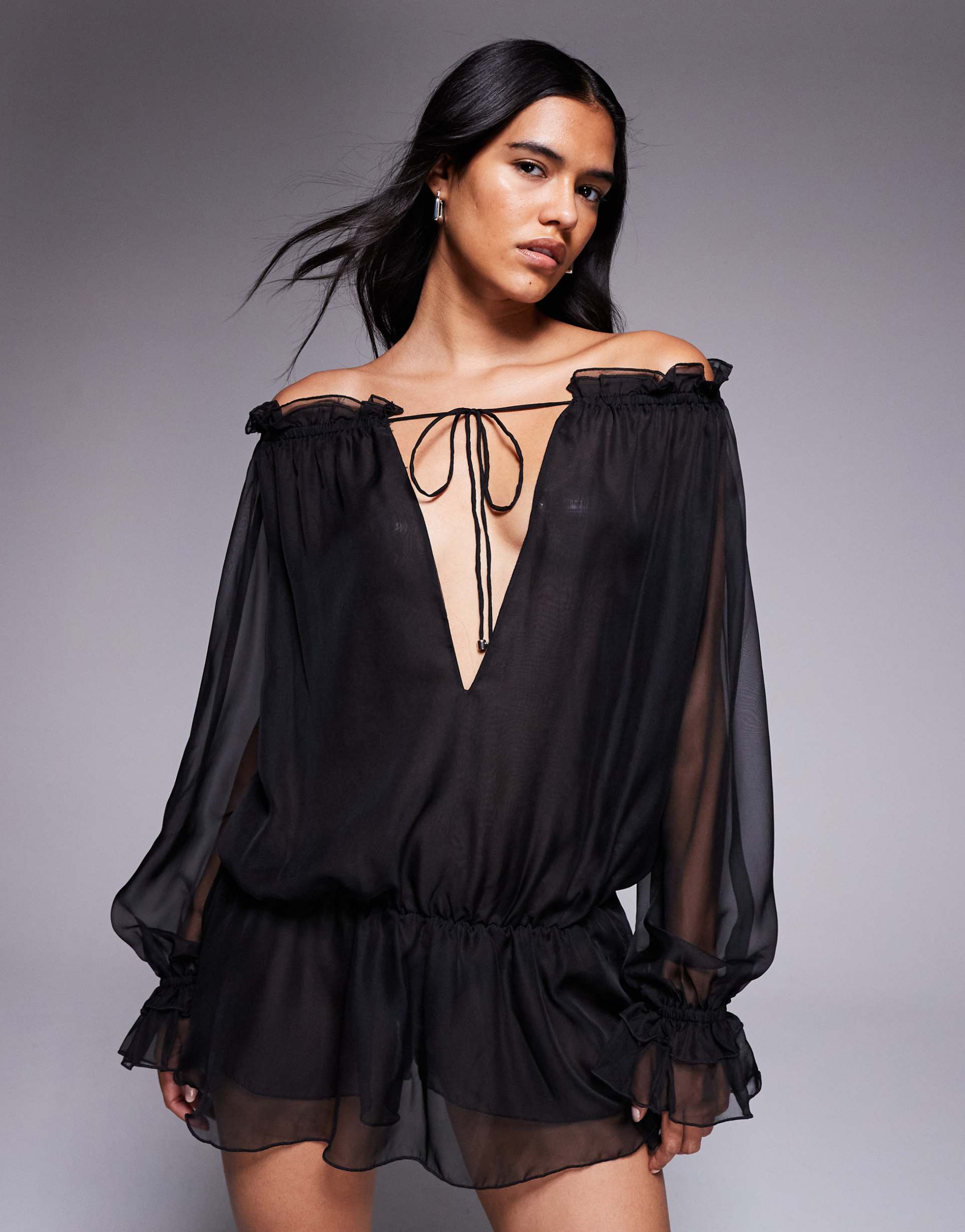 i.am.gia jazmin georgette chiffon bardot plunge tie detail dropped waist romper in black
