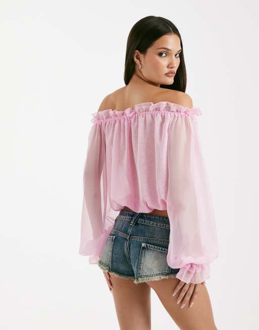 I.AM.GIA - Jazmin Georgette - Lyserød bardot-bluse i chiffon med dyb udskæring og bindedetalje, 4 af 4