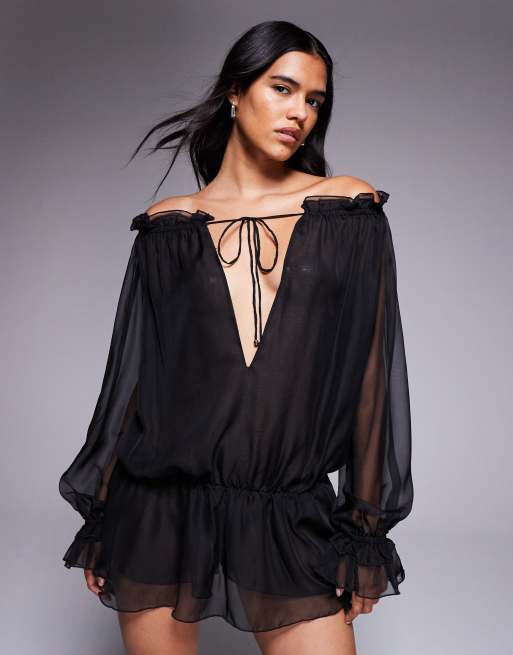 I.AM.GIA - Jazmin - Playsuit van georgette chiffon met bardothals, verlaagde taille en diepuitgesneden, gestrikt detail in zwart