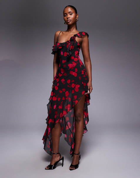 I.AM.GIA Julietta georgette chiffon ruffle detail asymmetric hem maxi dress in black and red petal print
