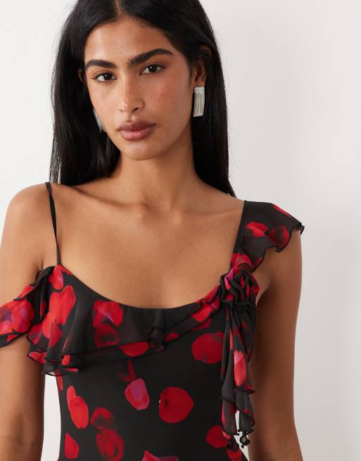 I.AM.GIA Julietta georgette chiffon ruffle detail asymmetric hem maxi dress  in black and red petal print | ASOS