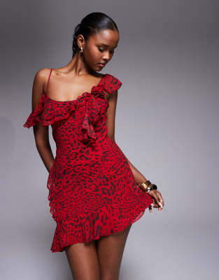 I.am.gia Julietta Georgette Chiffon Ruffle Detailing Asymmetric Hem Mini Dress In Red