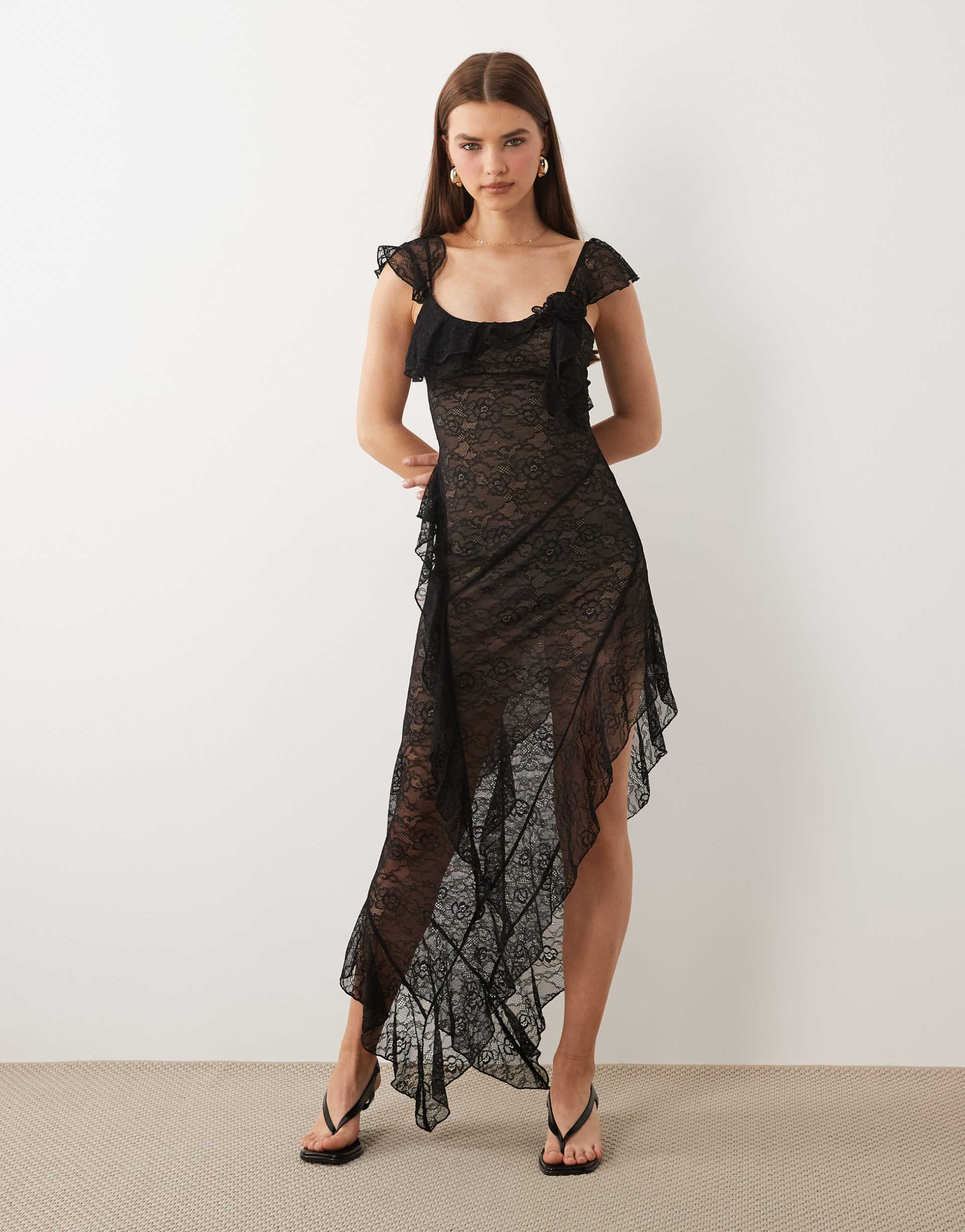 i.am.gia julietta georgette lace ruffle detail asymmetric hem maxi dress in black