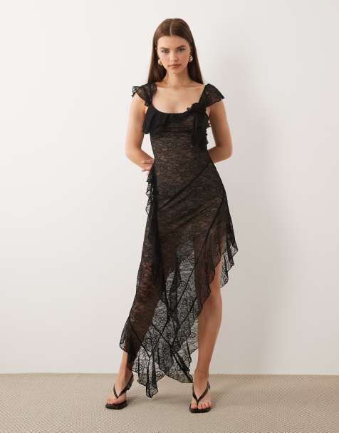 I.AM.GIA – Julietta – Maxikleid aus Georgette-Spitze in Schwarz mit Rüschendetail und asymmetrischem Saum - view 1