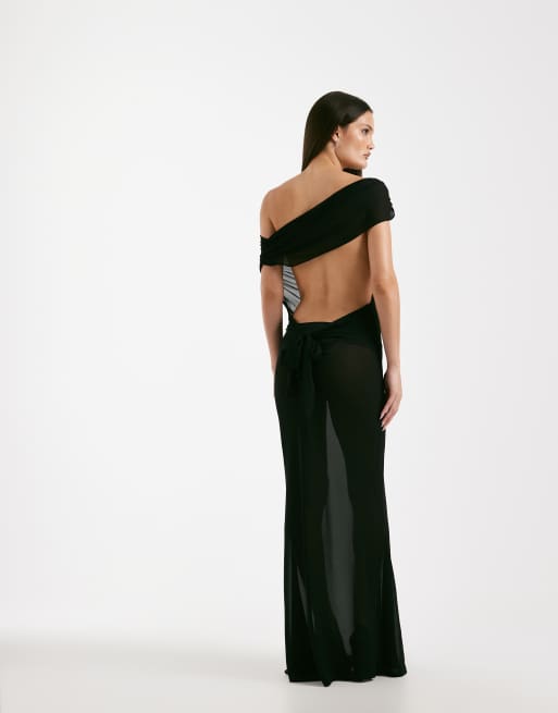 I.AM.GIA Kahlo chiffon sheer off-shoulder open back tie detail maxi dress in black