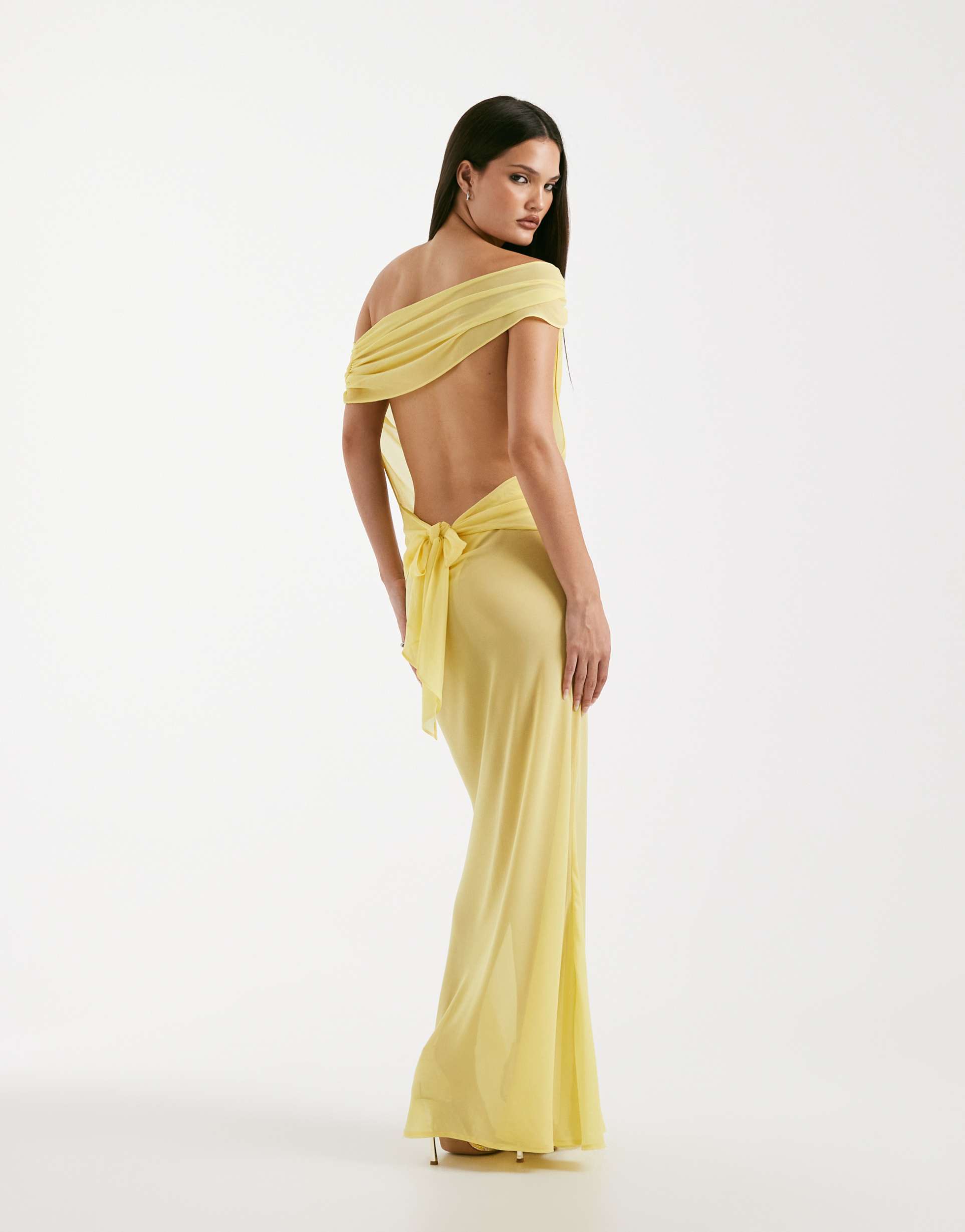 i.am.gia kahlo chiffon sheer off-shoulder open back tie detail maxi dress in yellow