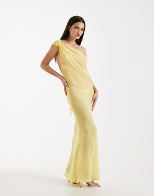 I.AM.GIA Kahlo chiffon sheer off-shoulder open back tie detail maxi dress in yellow