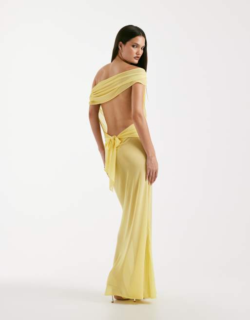 I.AM.GIA - Kahlo - Maxi jurk van doorschijnend chiffon met blote schouders, open achterkant en strikdetail in geel