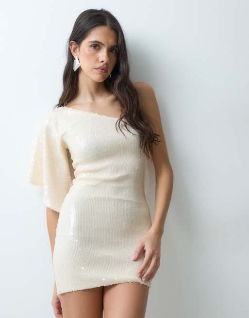 I.AM.GIA Karine one shoulder ruffle detail sequin mini dress in cream, 3 of 5