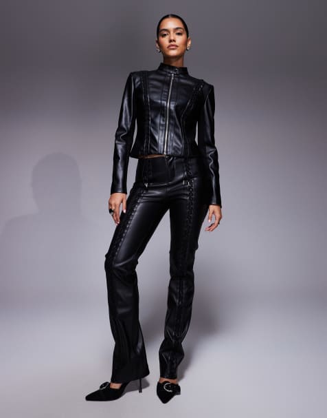 I.AM.GIA Kendrix leather look lace up detail fitted zip up jacket and lace up trousers co-ord in black - view 1