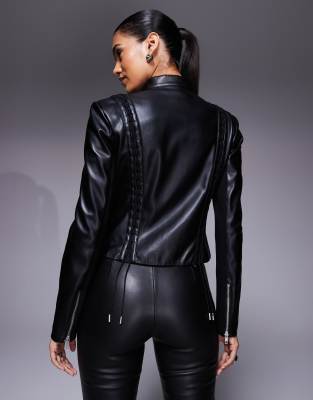 I.am.gia Kendrix Leather Look Lace-up Detail Fitted Zip Up Jacket In Black