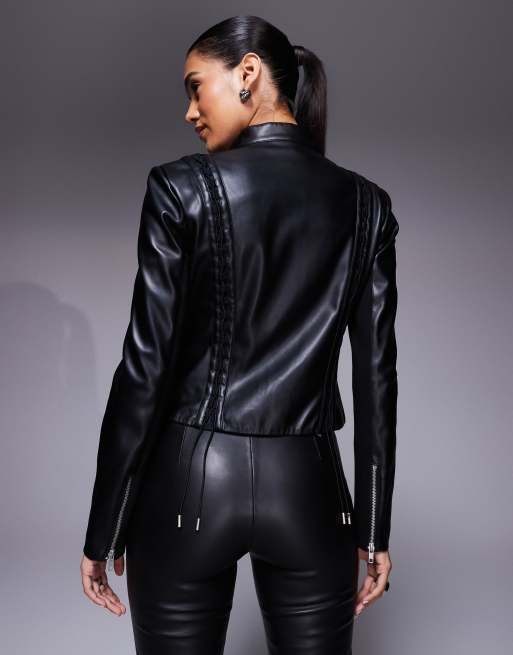 I.AM.GIA Kendrix leather look lace up detail fitted zip up jacket in black, 2 of 4