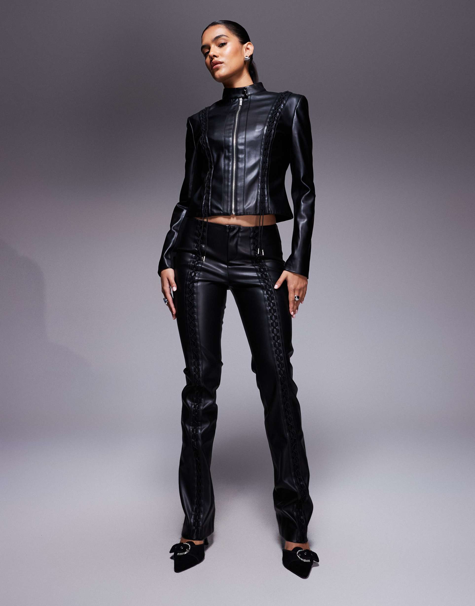 i.am.gia kendrix leather look lace-up detail pants in black - part of a set