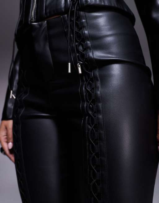 Kendrix leather look lace up detail pants in black (part