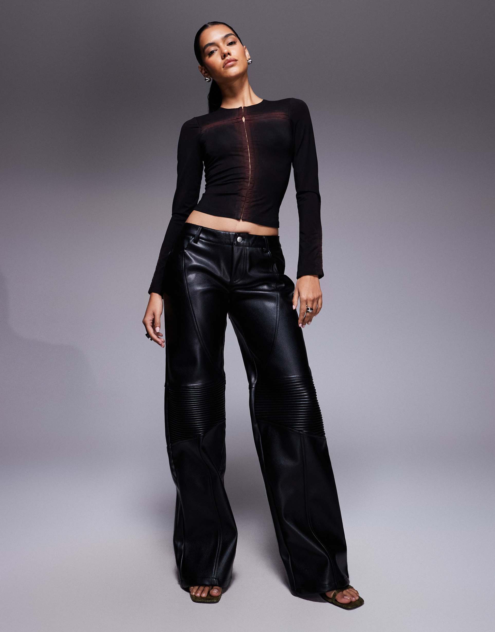 i.am.gia kristie leather look mid rise seam detail straight leg pants in black