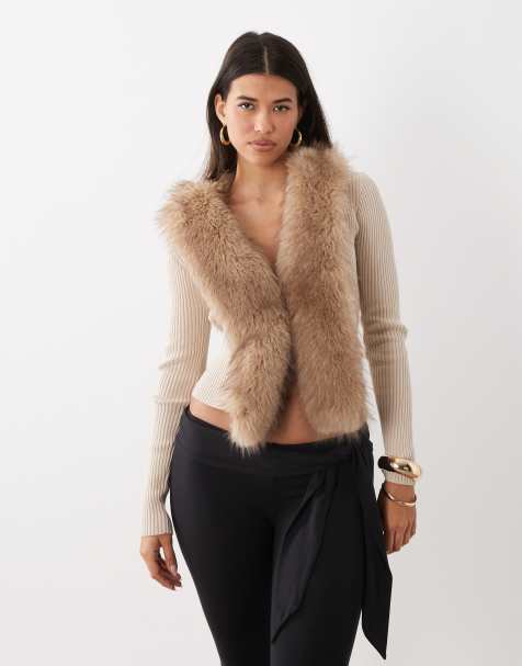I.AM.GIA Kytia faux fur trim ribbed knit cardigan top in stone - view 1