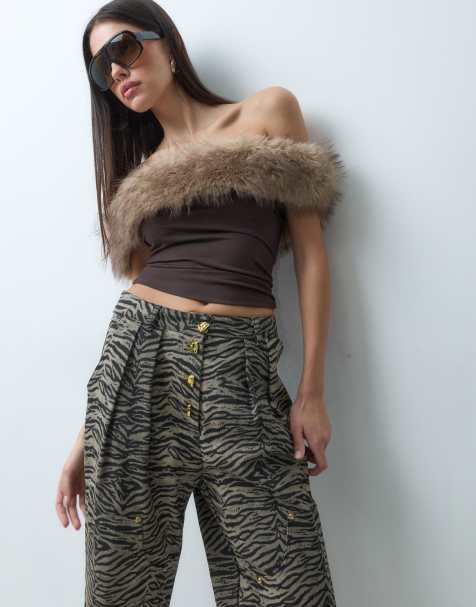 I.AM.GIA Lora bardot faux fur trim asymmetric knitted top in chocolate - view 1