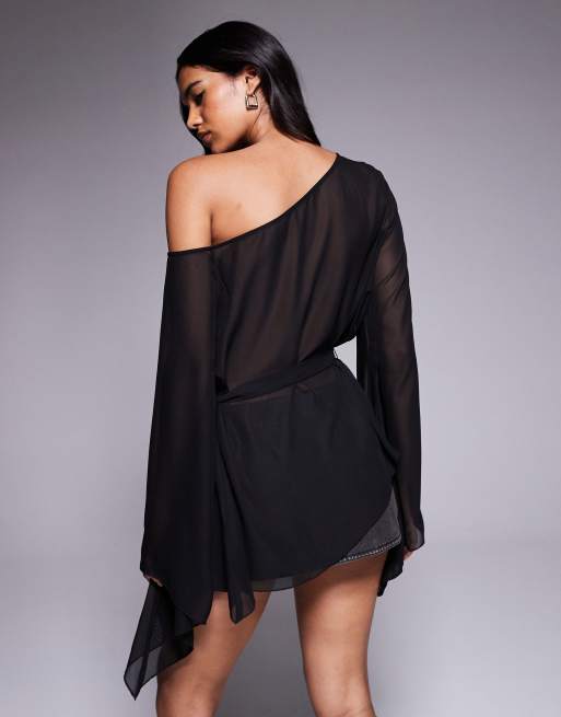 I.AM.GIA Malina sheer georgette chiffon off the shoulder belted bell sleeve poncho top in black