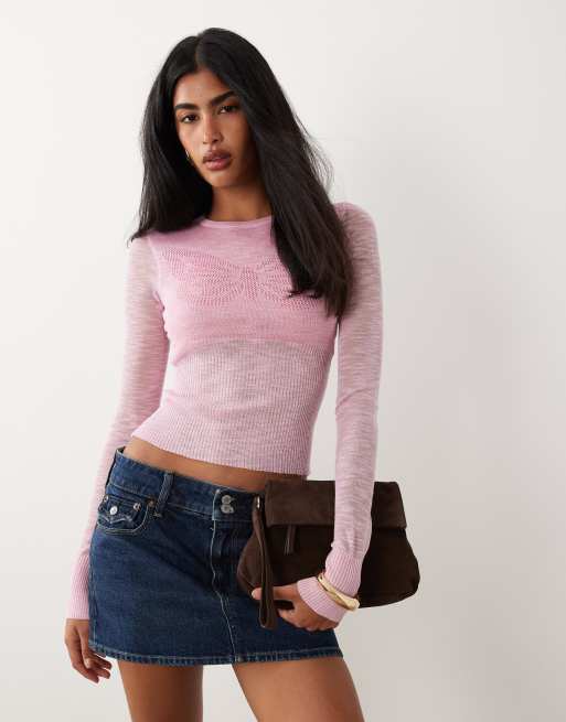 I.AM.GIA Mariposa butterfly pattern cinched waist slub knit jumper in pink, 2 of 4