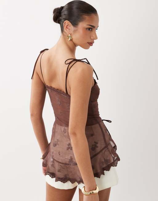 I.AM.GIA Meadow chiffon tie detail high low hem ruffle edge top in