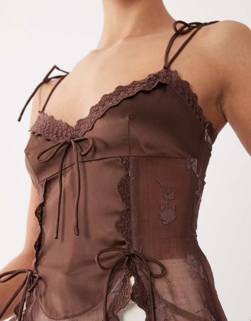 I.AM.GIA Meadow chiffon tie detail high low hem ruffle edge top in brown, 3 of 4