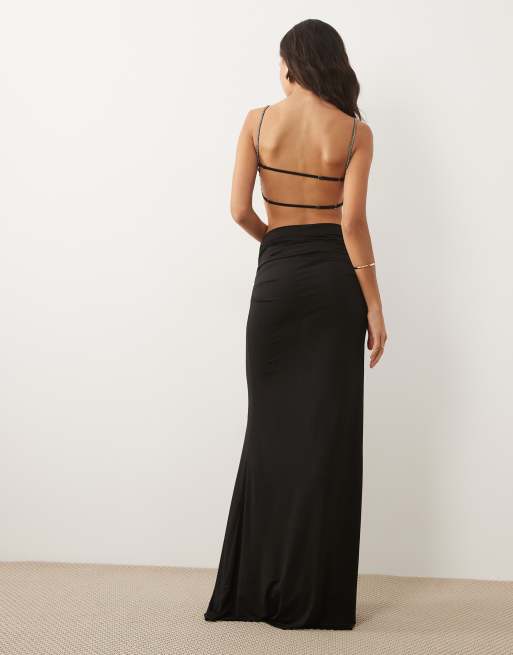 I.AM.GIA Mirelle slinky embellished trim open back bodysuit and ruched maxi skirt set in black, 4 of 4